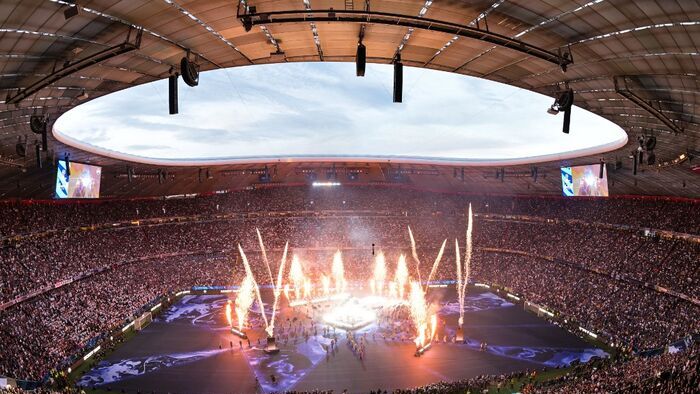 Bajnokok Ligája, BL, döntő, 2025, PSG, Inter, München, 31 May 2025, Bavaria, Munich: Soccer: Champions League, Paris Saint-Germain - Inter Milan, knockout round, final, Munich Football Arena, the band Linkin Park performs before the game. Photo: Peter Kne