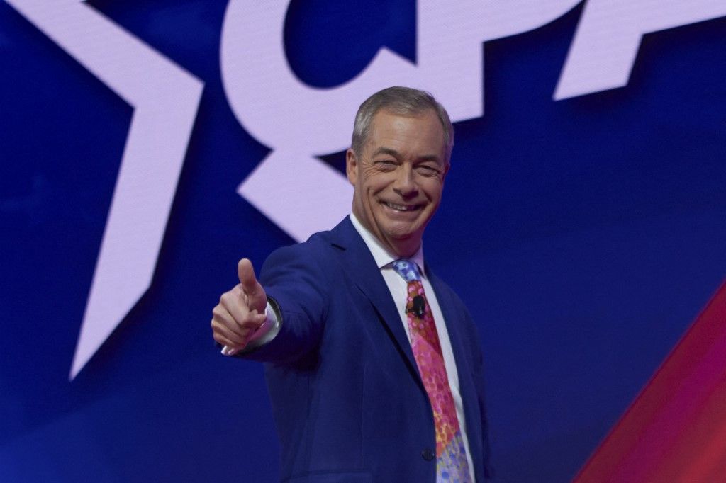 Nigel Farage during the 2024 Conservative Political Action Conference the Gaylord National Convention Center in Fort Washington, Maryland, Friday, Feb. 23, 2024. (Photo by Dominic Gwinn / Middle East Images / Middle East Images via AFP)