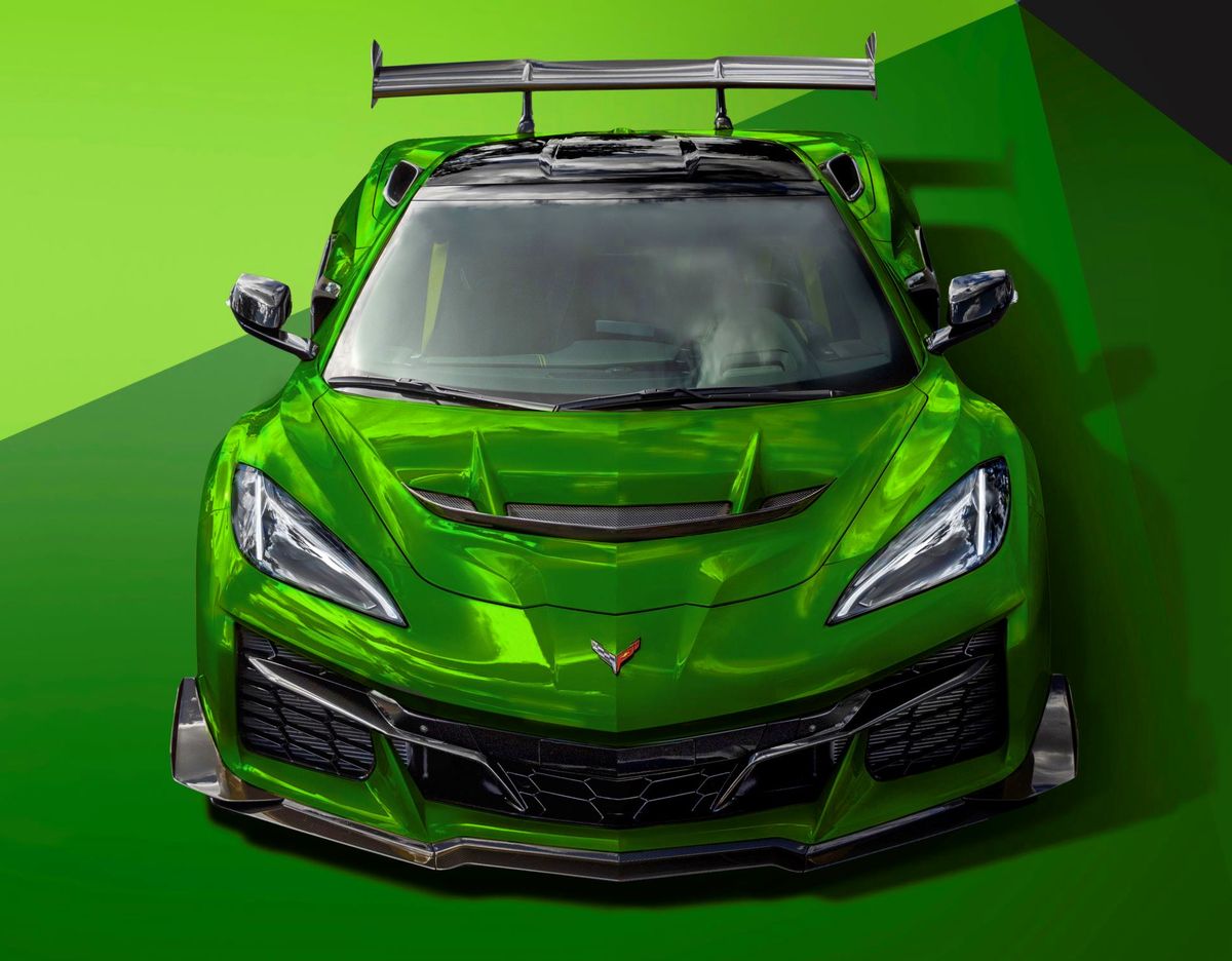 Front-facing view of 2025 Corvette ZR1 in Roswell Green Metallic. Preproduction model shown. Actual production model may vary.