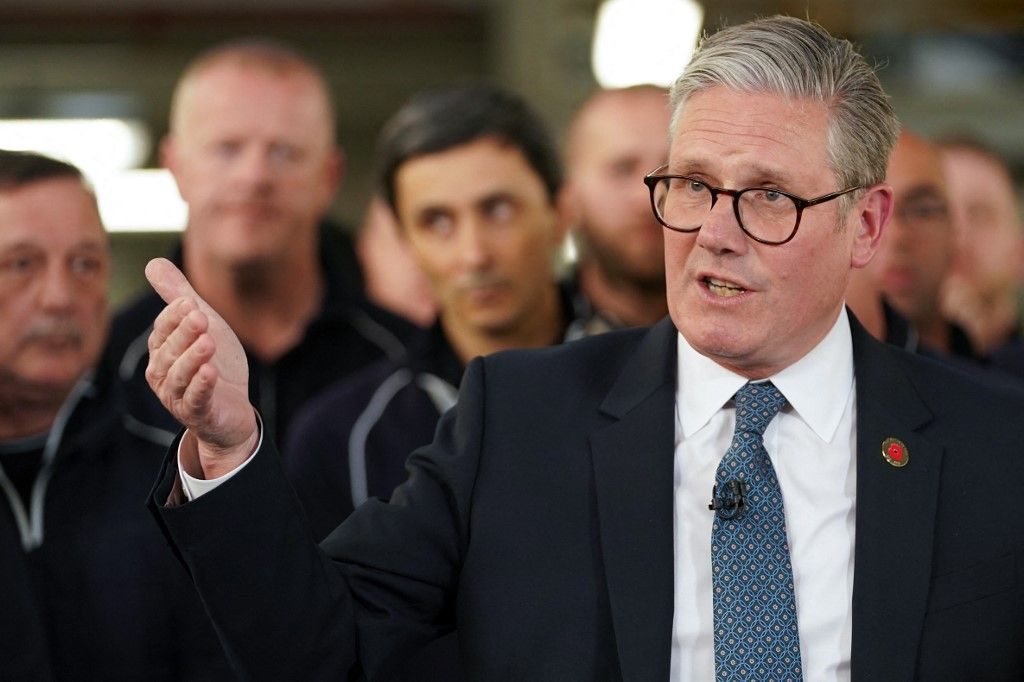 Britain's Prime Minister Keir Starmer delivers a speech during a press conference following a meeting with a US President Donald Trump regarding a UK-US trade deal in the West Midlands, May 8, 2025. (Photo by Alberto Pezzali / POOL / AFP)