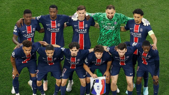 Bajnokok Ligája, BL, döntő, 2025, PSG, Inter, München, Paris Saint-Germain's players pose for a team photo prior to the UEFA Champions League final football match between Paris Saint-Germain (PSG) and Inter Milan in Munich, southern Germany on May 31, 202