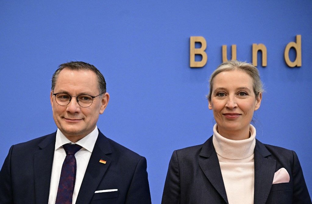 (FILES) Co-leader of Germany's far-right Alternative for Germany (AfD) party and her party's top candidate for Chancellor Alice Weidel and co-leader of the far-right Alternative for Germany (AfD) party Tino Chrupalla address a press conference in Berlin, on February 24, 2025, one day after the German federal elections. Europe's far-right is recording its highest scores since the end of the Second World War, but their differences on the economy, Russia and morality are creating a mosaic of nationalisms, sometimes at the risk of incoherence. (Photo by Tobias SCHWARZ / AFP)