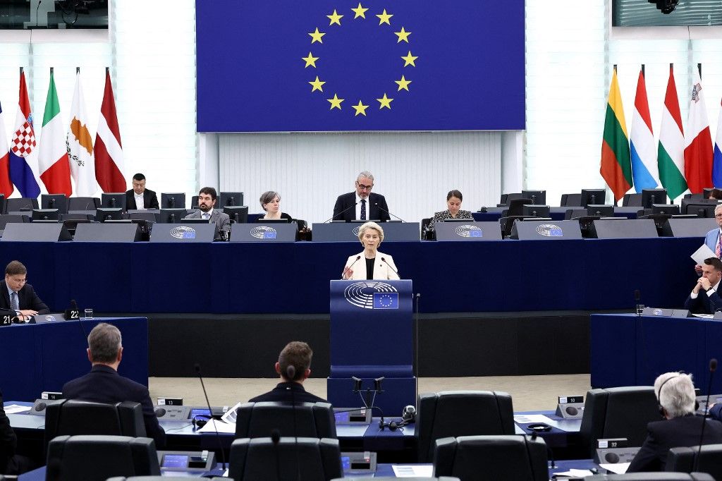 European Commission President Ursula von der Leyen addresses the floor in a debate on EU support for a peace deal in Ukraine held during a plenary session at the European Parliament in Strasbourg, eastern France, on May 7, 2025. (Photo by FREDERICK FLORIN / AFP)