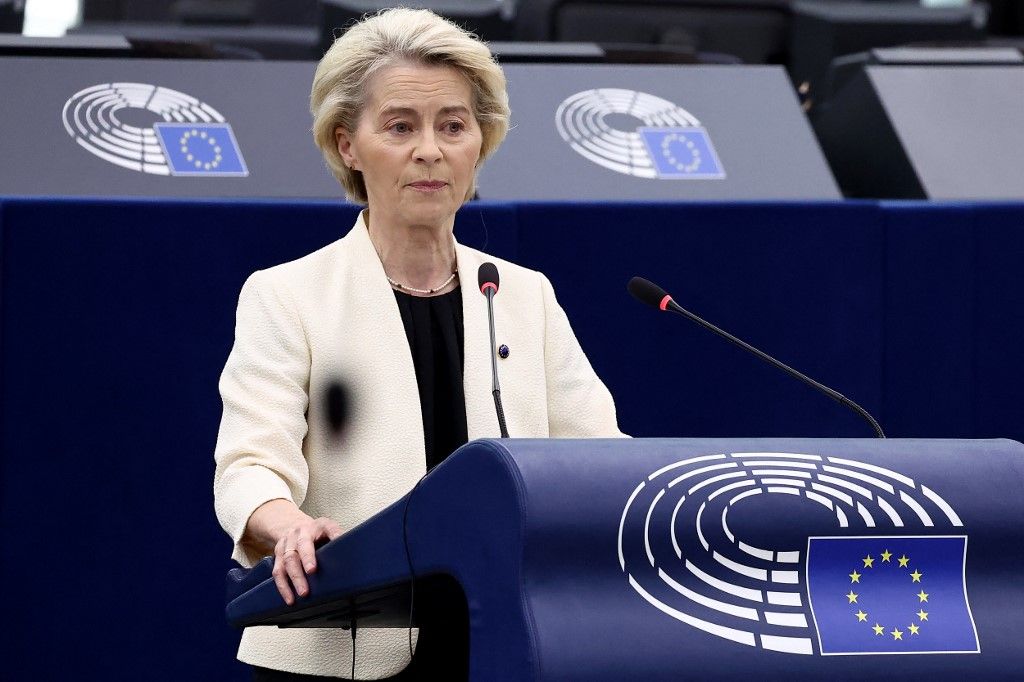 European Commission President Ursula von der Leyen addresses the floor in a debate on EU support for a peace deal in Ukraine held during a plenary session at the European Parliament in Strasbourg, eastern France, on May 7, 2025. (Photo by FREDERICK FLORIN / AFP)