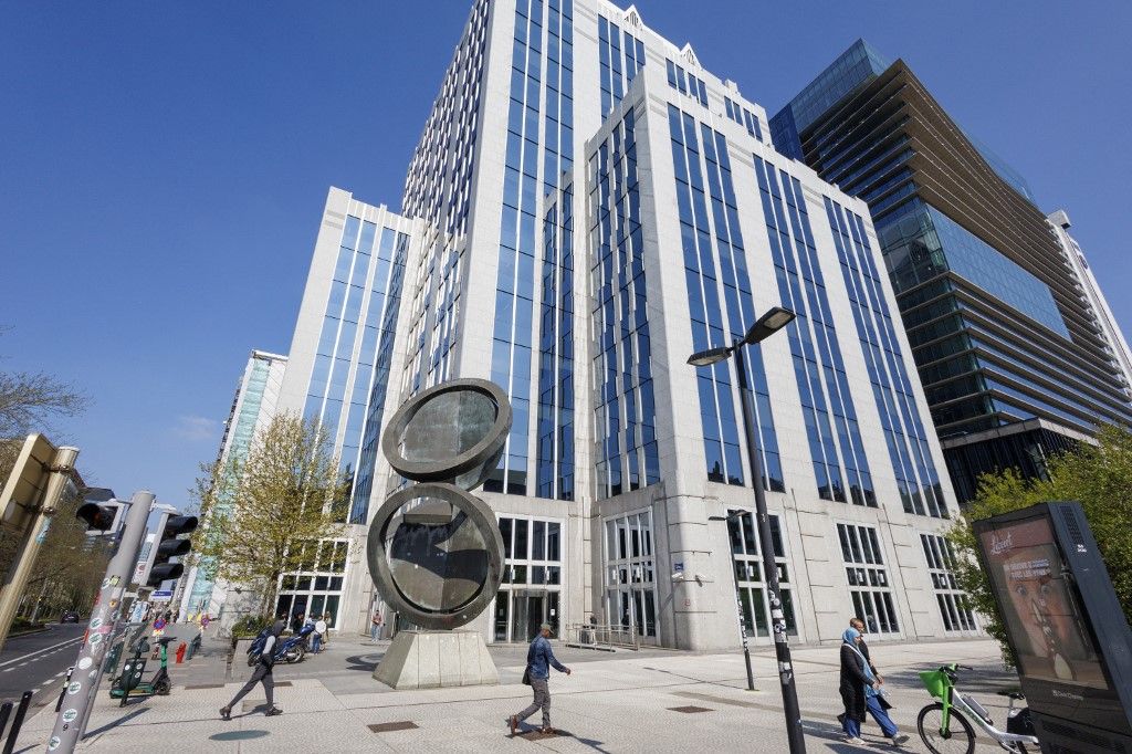 An outside view of the building of the headquarters of the Euroclear Group financial institute in Brussels, Wednesday 09 April 2025. BELGA PHOTO NICOLAS MAETERLINCK (Photo by NICOLAS MAETERLINCK / BELGA MAG / Belga via AFP)