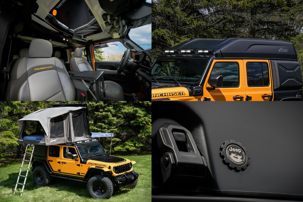 Shown fully set up on top of the Jeep® Wrangler 4xe Sunchaser concept, with access from inside the Jeep Wrangler, the tent system includes a removable step to protect the center console: Jeep Performance Parts by Mopar has announced an innovative, conceptual camping solution for the Jeep Wrangler. The Awning and Rooftop Tent (ARTT) concept was created in partnership with Dometic to provide a premium, lightweight, low-profile all-in-one awning and rooftop tent system.