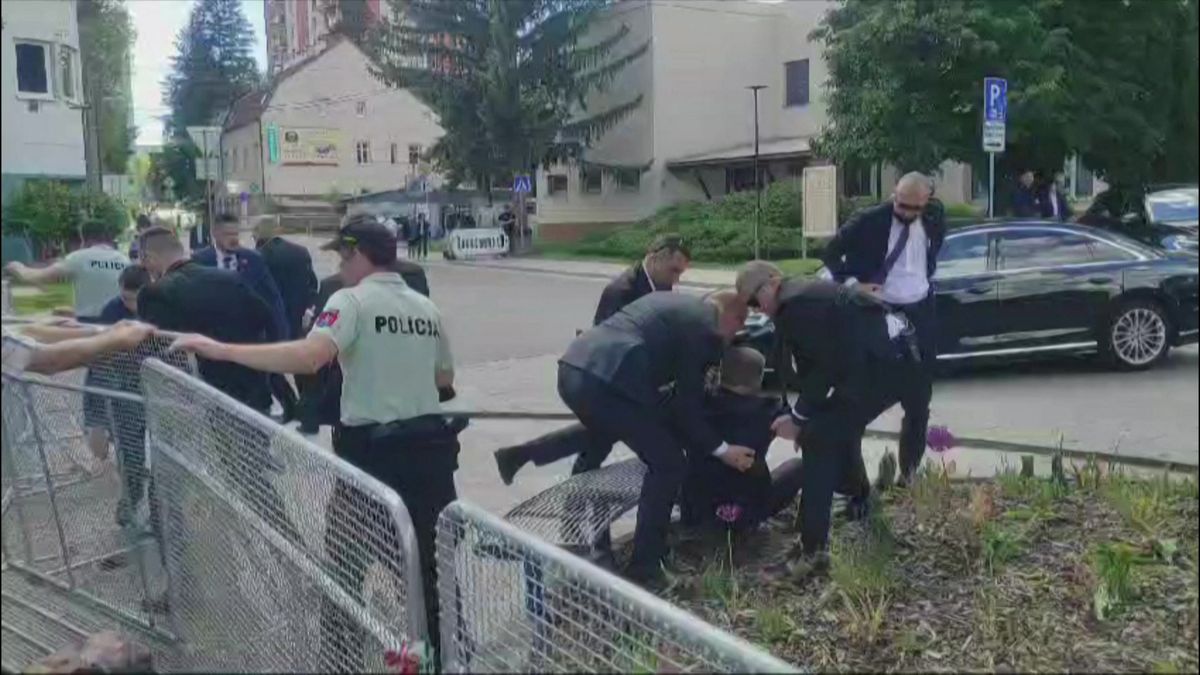This image taken from video footage obtained by AFPTV shows security personnel carrying Slovakia's Prime Minister Robert Fico (C) towards a vehicle after he was shot in Handlova on May 15, 2024. Slovakia's Prime Minister Robert Fico was battling life-threatening wounds after officials said he was shot multiple times in an assassination attempt condemned by European leaders. (Photo by RTVS / AFP)