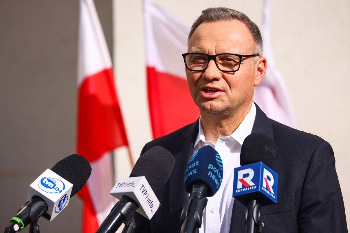 Andrzej Duda, the President of Poland, speaks to media in front of a polling station in the final round of the presidential election on June 1st, 2025 in Krakow, Poland. (Photo by Beata Zawrzel/NurPhoto) (Photo by Beata Zawrzel / NurPhoto / NurPhoto via AFP)