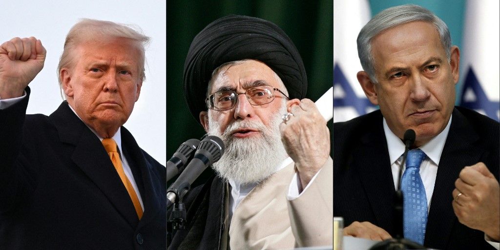 (FILES) This combination of pictures created on June 18, 2025 shows: US President Donald Trump pumping his fist as he boards Air Force One at Joint Base Andrews in Maryland on March 7, 2025; Iran's supreme leader Ayatollah Ali Khamenei delivering a speech in Tehran on June 4, 2007; Israeli Prime Minister Benjamin Netanyahu gesturing as he delivers a speech in Jerusalem on August 27, 2014. The UN nuclear watchdog said Israeli strikes on June 18 destroyed two buildings making centrifuge components for Iran's nuclear programme near Tehran, while Iran said it fired hypersonic missiles as the arch foes traded fire for a sixth day. Hours after US President Donald Trump demanded Iran's surrender, supreme leader Ayatollah Ali Khamenei vowed his country would show "no mercy" towards Israel's leadership. (Photo by AFP)