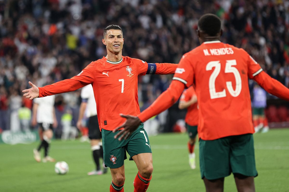 Cristiano Ronaldo of Portugal celebrates scoring his team's second goal during the UEFA Nations League 2025 semifinal match between Germany and Portugal at Munich Football Arena in Munich, Germany, on June 4, 2025. (Photo by Mohammad Amirhosseini/NurPhoto) (Photo by Mohammad Amirhosseini / NurPhoto via AFP)