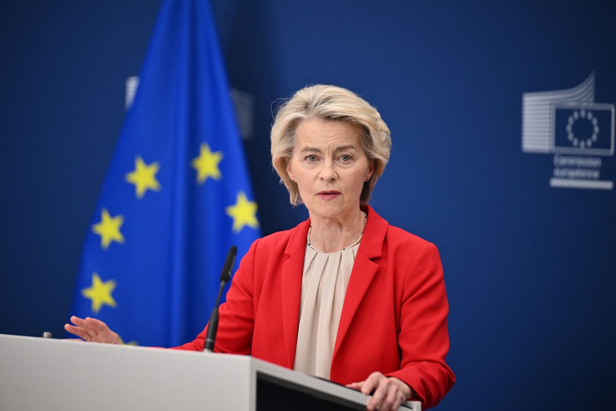 BRUSSELS, BELGIUM - JUNE 10: EU Commission President Ursula von der Leyen and EU High Representative for Foreign Affairs and Security Policy Kaja Kallas (not seen) speak during a joint press conference on the 18th sanctions package against Russia in Brussels, Belgium on June 10, 2025. Dursun Aydemir / Anadolu (Photo by Dursun Aydemir / Anadolu via AFP)