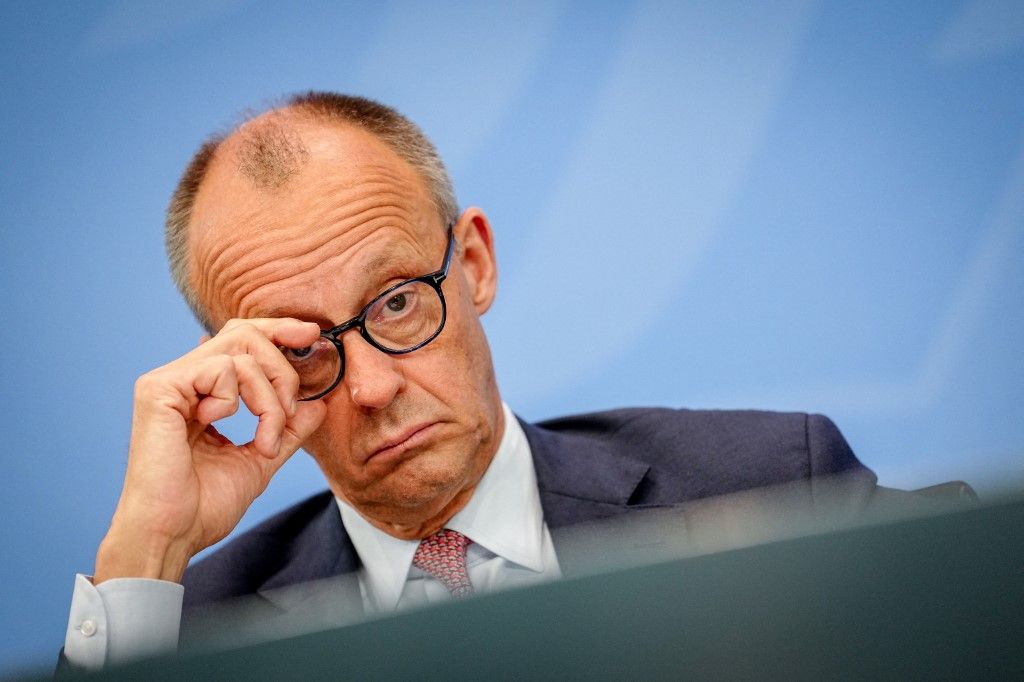 dpatop - 18 June 2025, Berlin: Federal Chancellor Friedrich Merz (CDU) gives a press conference after the Minister Presidents' Conference in the Federal Chancellery. Photo: Kay Nietfeld/dpa (Photo by KAY NIETFELD / dpa Picture-Alliance via AFP)