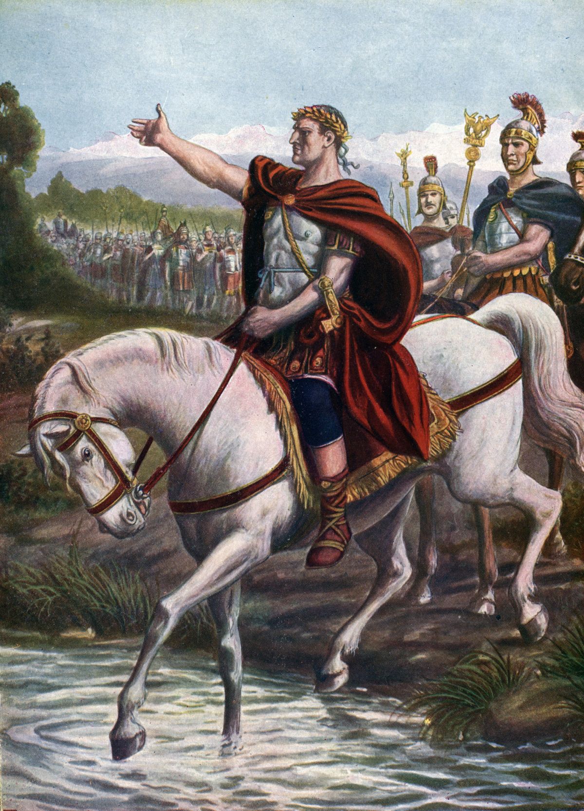 "Jules Cesar traverse la riviere de Rubicon avec ses legions en armes le 10 janvier 49 avant JC sur les traces de Pompee le Grand (Gneo Pompeo Magno ou Gnaeus Pompeius Magnus, 106-48 av JC) et viole la loi du Senat romain qui interdisait a un general romain de franchir la riviere frontiere de la Gaule cisalpine - En franchissant la riviere , Jules Cesar prononca la celebre formule "Alea jacta est" (Le sort en est jete)" (Julius Caesar (100-44 BC) Crossing the Rubicon in 49 BC from Cisalpine Gaul to Italy to make his way to Rome - Caesar uttered the famous phrase alea iacta est ("the die has been cast")) Illustration de Tancredi Scarpelli (1866-1937) tiree de "Storia d'Italia" (Histoire-d'Italie) de Paolo Giudici, 1930 Collection privee ©Isadora/Leemage