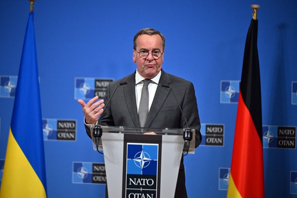 BRUSSELS, BELGIUM – JUNE 04: German Defense Minister Boris Pistorius (seen), British Defense Secretary John Healey and Ukrainian Defense Minister Rustem Umerov attend a joint press conference following the Ukraine Defense Contact Group meeting held at NATO Headquarters in Brussels, Belgium on June 04, 2025. Dursun Aydemir / Anadolu (Photo by Dursun Aydemir / Anadolu via AFP)