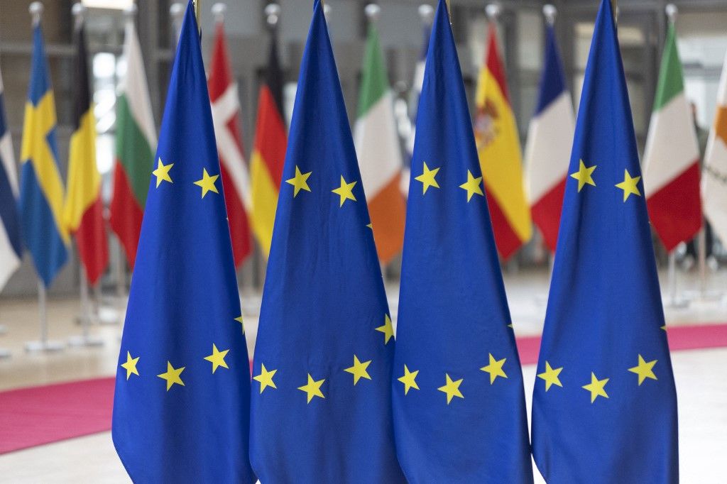 EU flags from the countries member states and the flag of Europe on poles in Europa Building the place where the EU leaders, ministers and officials have their meetings frequently like the European Council summit. European Union Headquarters, Brussels, Belgium on May 27, 2025 (Photo by Nicolas Economou/NurPhoto) (Photo by Nicolas Economou / NurPhoto via AFP)
