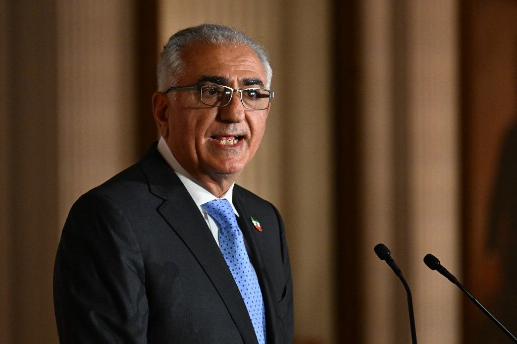Reza Pahlavi, activist, advocate and oldest son of the last Shah of Iran, speaks at the Richard Nixon Presidential Library and Museum in Yorba Linda, California, on October 22, 2024. Pahlavi is receiving the Richard Nixon Foundations Architect of Peace Award. (Photo by Patrick T. Fallon / AFP)