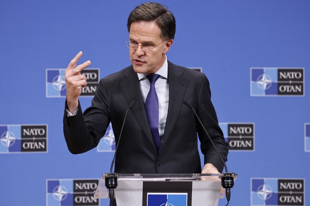 NATO general secretary Mark Rutte gives a press conference after the meeting of The North Atlantic Treaty Organisation (NATO) Ministers of Defence at NATO Headquarters in Brussels, on February 13, 2025. (Photo by SIMON WOHLFAHRT / AFP)