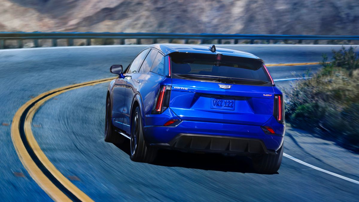 Rear view of the 2026 Cadillac OPTIQ-V in Deep Ocean Tintcoat
