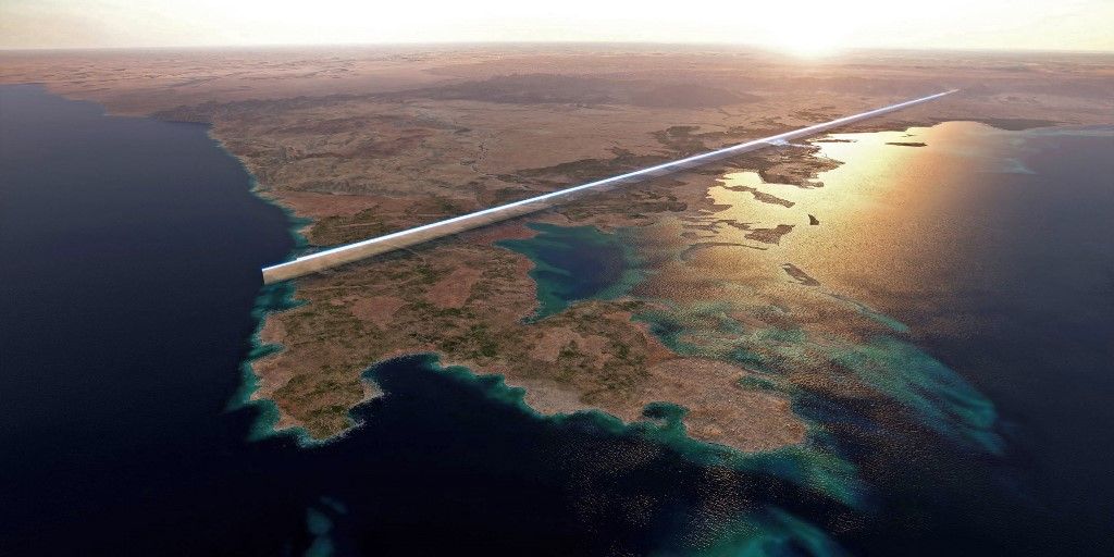 A handout picture provided by Saudi's NEOM on July 26, 2022 shows the design plan for the 500-metre tall parallel structures, known collectively as The Line, in the heart of the Red Sea megacity NEOM. A futuristic megacity in Saudi Arabia will feature two massive, mirror-encased skyscrapers that extend over 170 kilometres of desert and mountain terrain, ultimately housing nine million people, the kingdom's de facto ruler has announced. (Photo by NEOM / AFP) / RESTRICTED TO EDITORIAL USE - MANDATORY CREDIT "AFP PHOTO / NEOM" - NO MARKETING - NO ADVERTISING CAMPAIGNS - DISTRIBUTED AS A SERVICE TO CLIENTS