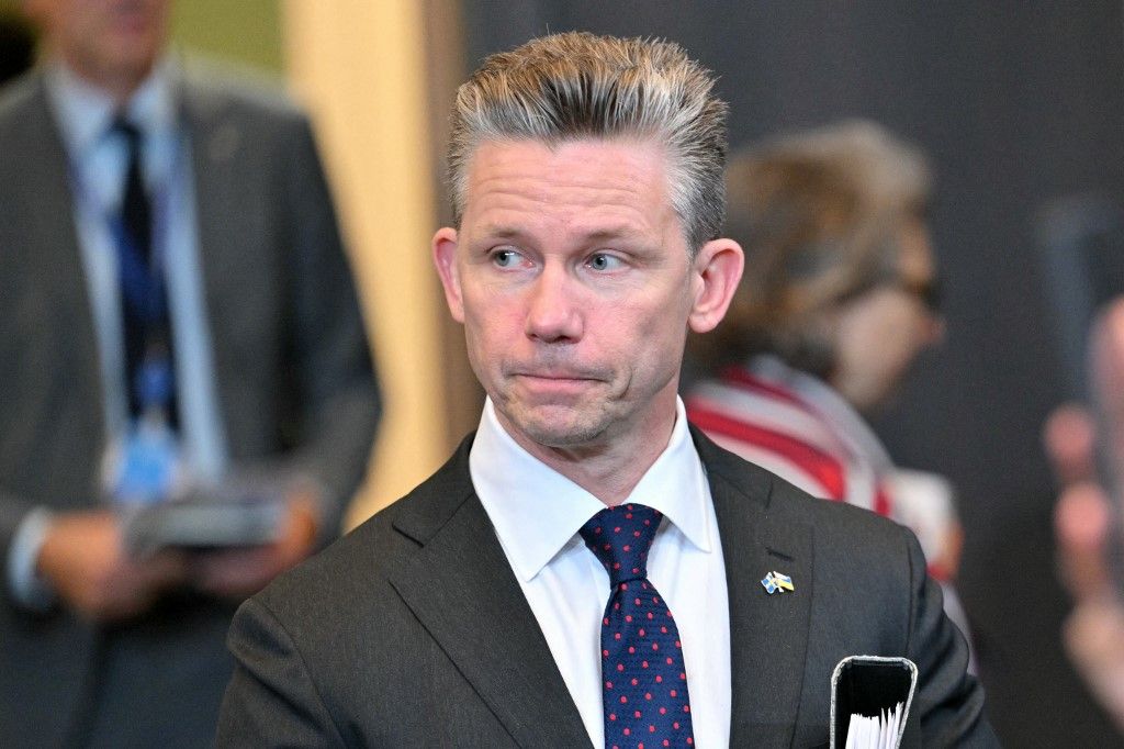 Sweden's Defence Minister Pål Jonson arrives for a NATO Defence Ministers meeting at the NATO headquarters, in Brussels, on June 5, 2025. (Photo by NICOLAS TUCAT / AFP)