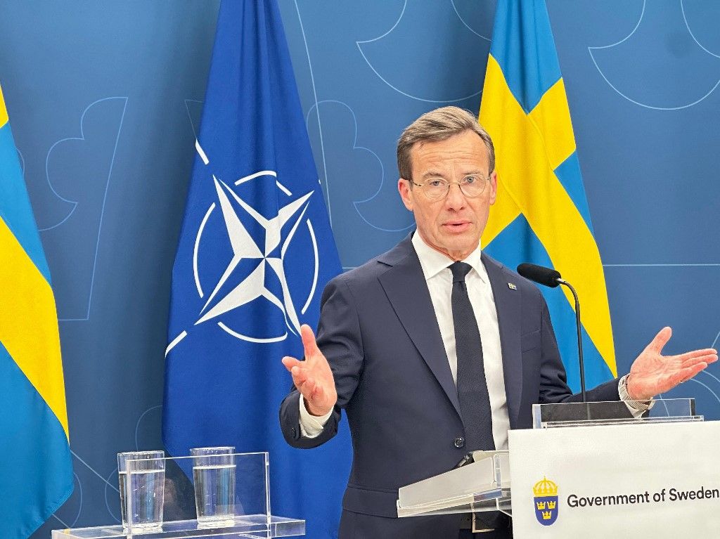 STOCKHOLM, SWEDEN JUNE 13: NATO Secretary General Mark Rutte makes a speech as he holds a joint press conference with Swedish Prime Minister Ulf Kristersson (not seen) following their meeting in the capital Stockholm, Sweden, on June 13, 2025. Atila Altuntas / Anadolu (Photo by Atila Altuntas / Anadolu via AFP)