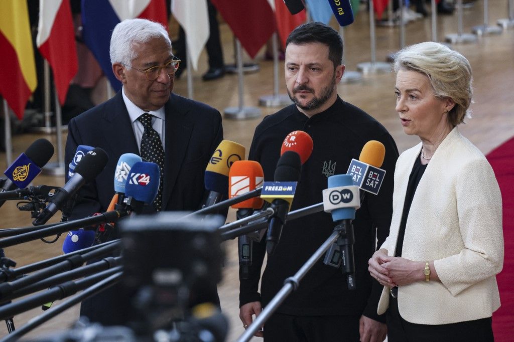 President of Ukraine Volodymyr Zelenskyy attends alongside President of the European Commission Ursula von der Leyen and the President of the European Council Antonio Costa the special EU leaders meeting with the head of states in Brussels, the Emergency Summit on Ukraine and Defence. The presidents spotted talking while arriving and giving a statement to international media and press. Brussels, Belgium on March 6, 2025  (Photo by Nicolas Economou/NurPhoto) (Photo by Nicolas Economou / NurPhoto via AFP)