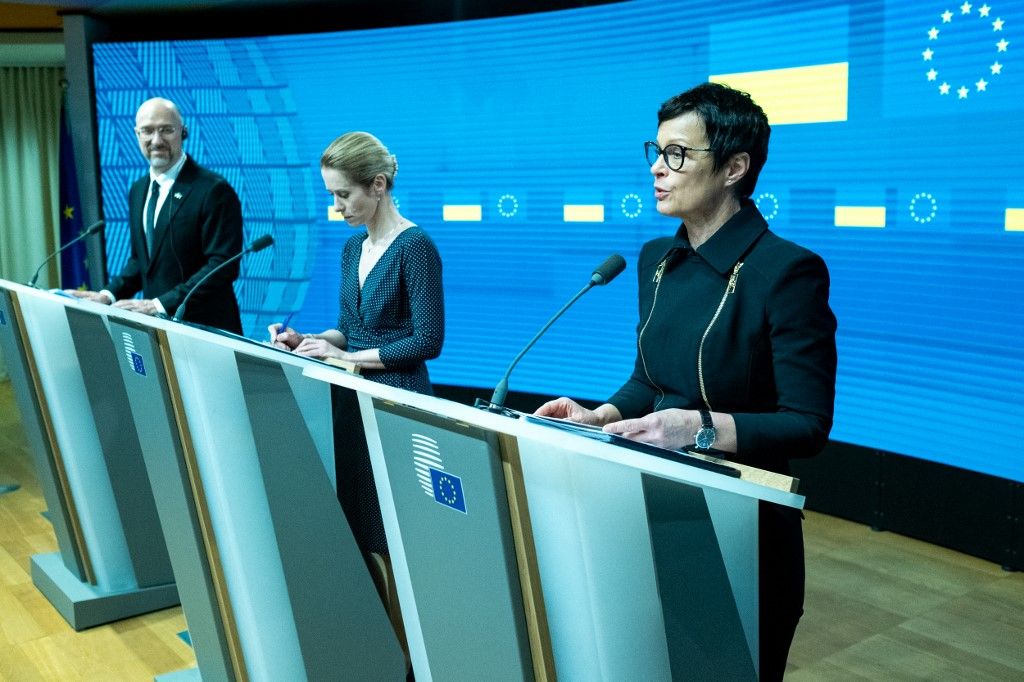 Vice-President of the European Commission and High Representative of the Union for Foreign Affairs and Security Policy Kaja KALLAS and Prime Minister of Ukraine Denys Shmyhal and European Commissioner for Neighbourhood and Enlargement Marta Kos during the EU-Ukraine Association Council in the the European Council an institution of the European Union in Brussels in Belgium the 9th of April 2025. The meeting focus on the implementation of the Association Agreement since the outbreak of the war of aggression of Russia and the recommendations of the European Commission s report on Ukraine as well as reconstruction and reform in Ukraine including EU financial assistance. (Photo by Martin Bertrand / Hans Lucas via AFP)
