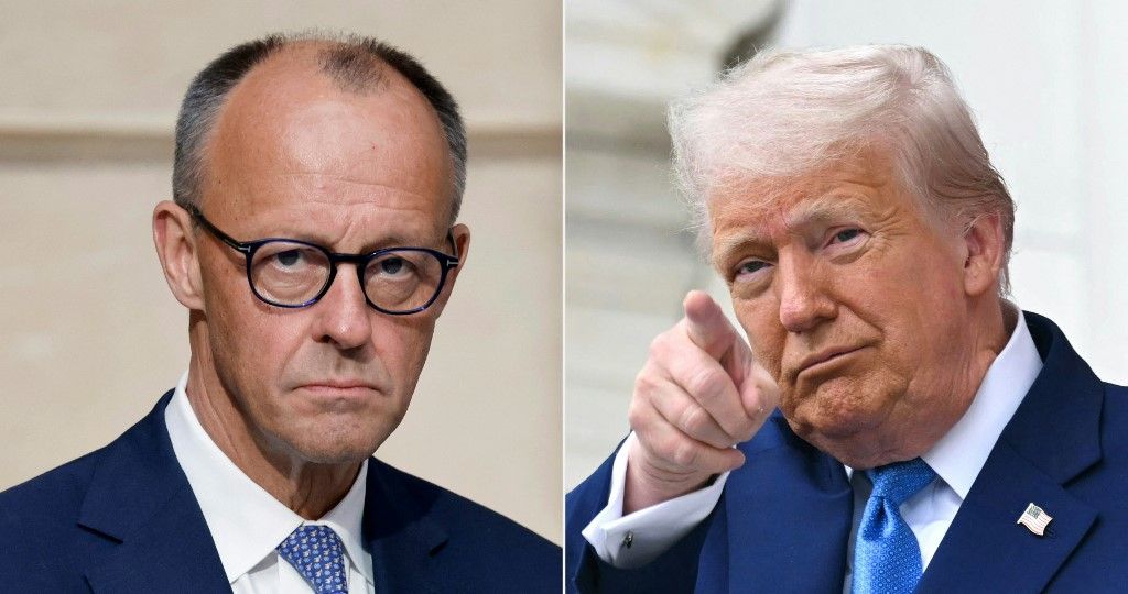 (COMBO) This combination of file photos created on June 3, 2025 in Berlin shows Germany's Chancellor Friedrich Merz (L) looking on during a joint press conference with France's President following their meeting at the Elysee presidential palace in Paris on May 7, 2025, and US President Donald Trump (R) gesturing as he arrives to deliver remarks at the National Memorial Day Observance in Arlington, Virginia, on May 26, 2025. New German Chancellor Merz will face perhaps his toughest geopolitical test yet on June 5, 2025 when he meets US President Donald Trump amidst a brewing US-EU trade war and splits over Ukraine. (Photo by Ludovic MARIN and SAUL LOEB / various sources / AFP)