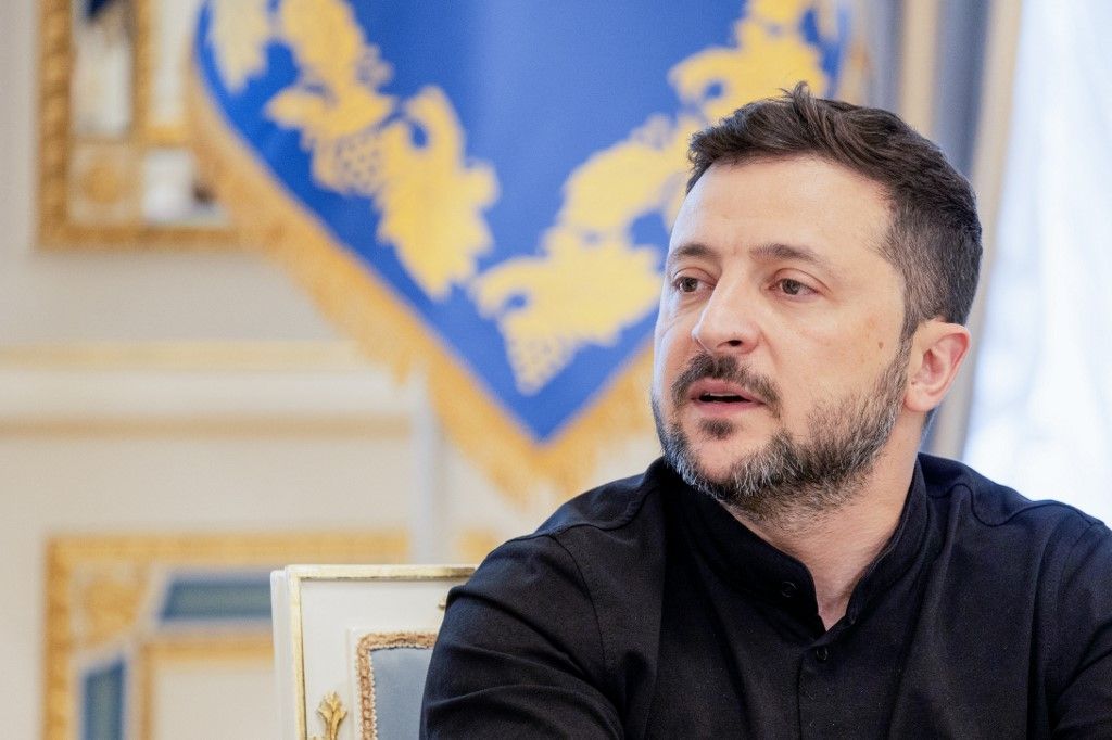 Ukraine's President Volodymyr Zelensky speaks to the media during a press briefing in Kyiv, on June 4, 2025, amid Russian invasion in Ukraine. (Photo by Tetiana DZHAFAROVA / AFP)