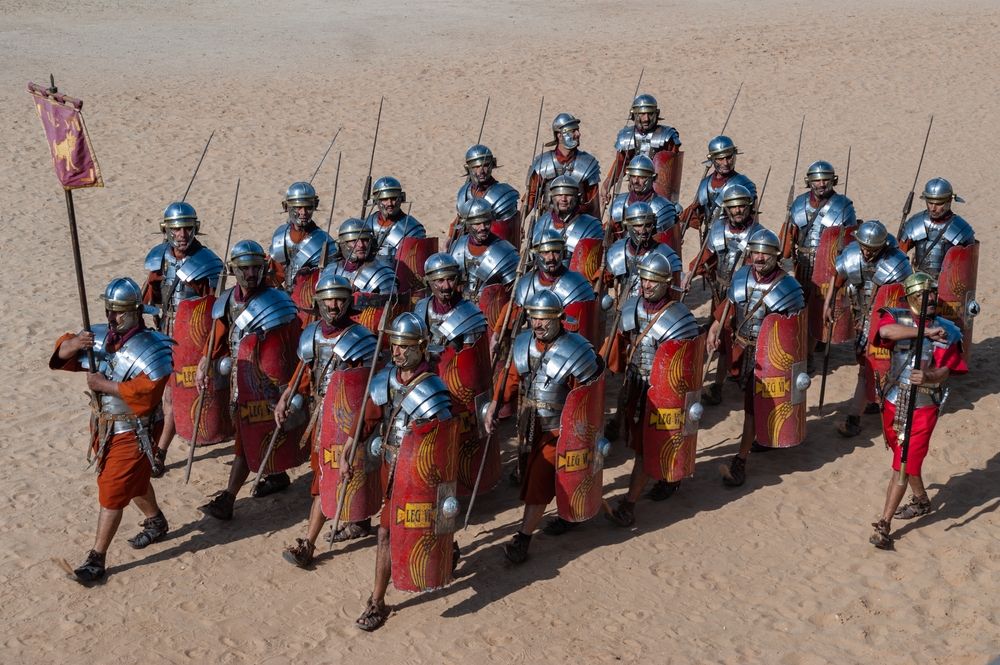 Gerasa. Roman show at hippodrome in ancient city. Small hippodrome of Roman Empire in Jerash. Participants of show in traditional armor of Roman legionnaires. Jerash, Jordan - December 02, 2009