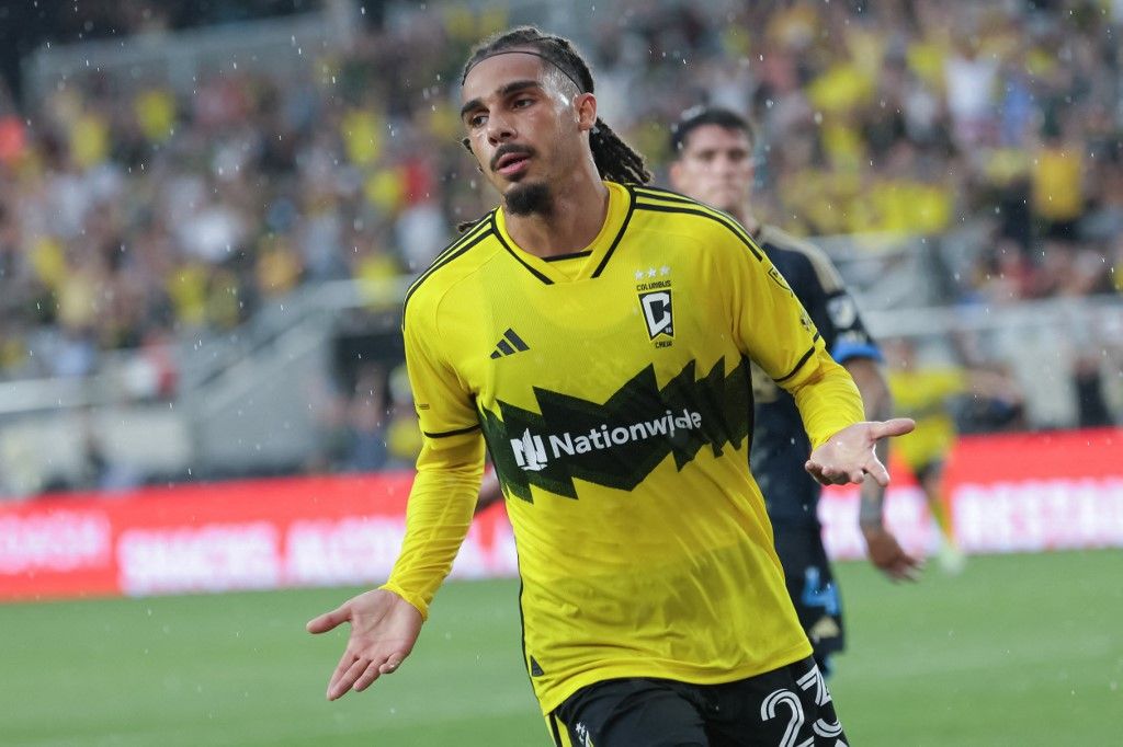 Gazdag Dániel, Mohamed Farsi, Columbus Crew, MLS, Philadelphia Union, COLUMBUS, OHIO - JUNE 29: Mohamed Farsi #23 of Columbus Crew reacts after scoring his team's goal during the first half against the Philadelphia Union at Lower.com Field on June 29, 2025 in Columbus, Ohio. Michael Hickey/Getty Images/AFP (Photo by Michael Hickey / GETTY IMAGES NORTH AMERICA / Getty Images via AFP)