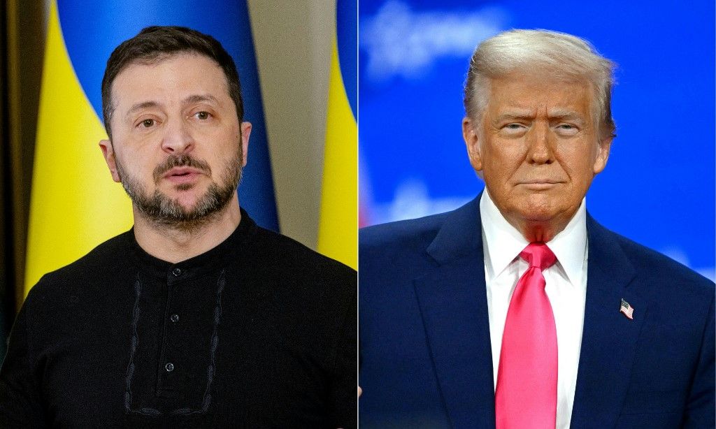(COMBO) This combination of pictures created on February 25, 2025 shows Ukraine's President Volodymyr Zelensky (L) on February 12, 2025, and US President Donald Trump (R)  on February 22, 2025. Ukraine has agreed on the terms of a minerals deal with the United States and could sign it February 28, 2025, the two countries said, a move Kyiv hopes will lead to future security guarantees from Washington. The Ukrainian source said President Volodymyr Zelensky could sign the deal on a trip to Washington as early as February 28, 2025, -- a timetable confirmed by Trump. (Photo by Tetiana DZHAFAROVA and Alex WROBLEWSKI / AFP)