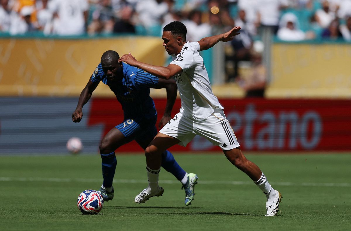 MIAMI GARDENS, FLORIDA - JUNE 18: Trent Alexander-Arnold #12 of Real Madrid C.F. takes on Kalidou Koulibaly #3 of Al Hilal during the FIFA Club World Cup 2025 group H match between Real Madrid CF and Al Hilal at Hard Rock Stadium on June 18, 2025 in Miami Gardens, Florida. Dan Mullan/Getty Images/AFP (Photo by Dan Mullan / GETTY IMAGES NORTH AMERICA / Getty Images via AFP)