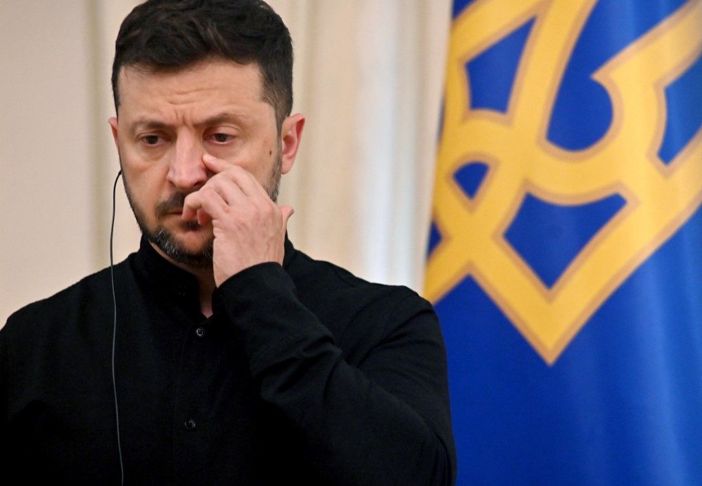 Ukraine's President Volodymyr Zelensky looks on during a press conference with Germany's Defence Minister following their talks in Kyiv on June 12, 2025, amid the Russian invasion of Ukraine. (Photo by Sergei SUPINSKY / AFP)