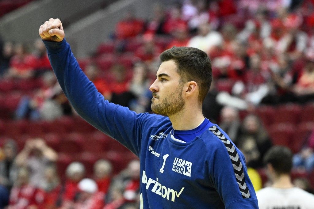 Robert Hedin, kézilabda, amerikai válogatott, Merkovszki Pál, US' goalkeeper Pal Merkovszky celebrates during the Men's IHF World Handball Championship Group IV match between The United States and Belgium in Malmo, Sweden on January 23, 2023. (Photo by Johan Nilsson/TT / TT NEWS AGENCY / AFP) / Sweden OUT