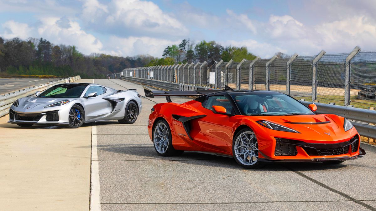 Front 3/4 view of Blade Silver Corvette ZR1X and Sebring Orange Tintcoat Corvette ZR1X Convertible with ZTK Performance Package. Preproduction model shown, actual production model may vary.