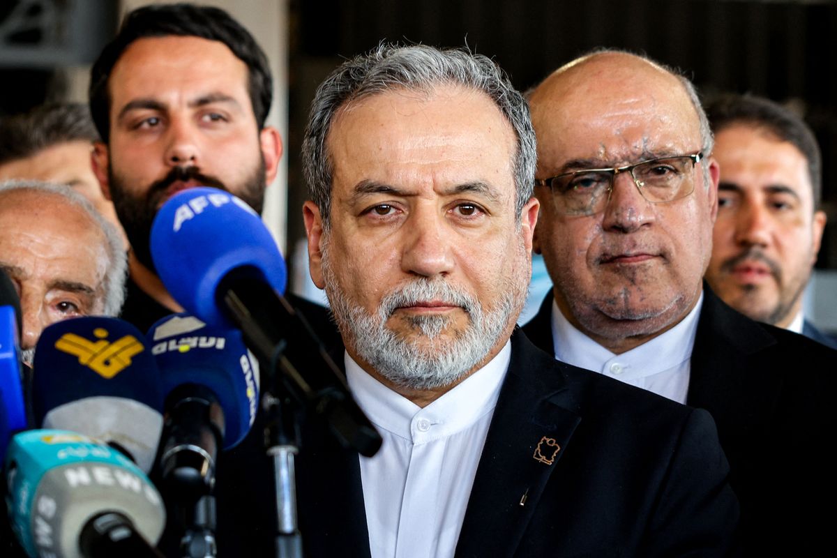 Iran's Foreign Minister Abbas Araghchi (C) gives a statement during his visit to the mausoleum of slain Lebanese Hezbollah's Leader Hassan Nasrallah, who was killed in an Israeli air strike in September 2024, in Beirut's southern suburbs on June 3, 2025. (Photo by Anwar AMRO / AFP)