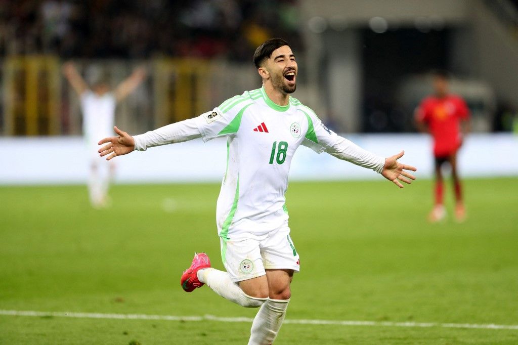 Algéria, Algerian player Mohamed El Amine Amoura celebrates his goal during the 2026 FIFA World Cup qualifying match between Algeria and Mozambique in Tizi Ouzou, Algeria, on March 25, 2025 (Photo by Billel Bensalem / APP/NurPhoto). (Photo by APP / NurPhoto via AFP)
