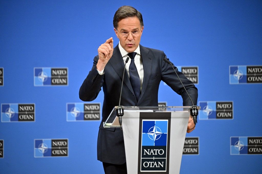 BRUSSELS, BELGIUM - JUNE 04: NATO Secretary General Mark Rutte holds a press conference ahead of the Defense Ministers meeting at NATO Headquarters in Brussels, Belgium on June 04, 2025. Dursun Aydemir / Anadolu (Photo by Dursun Aydemir / Anadolu via AFP)