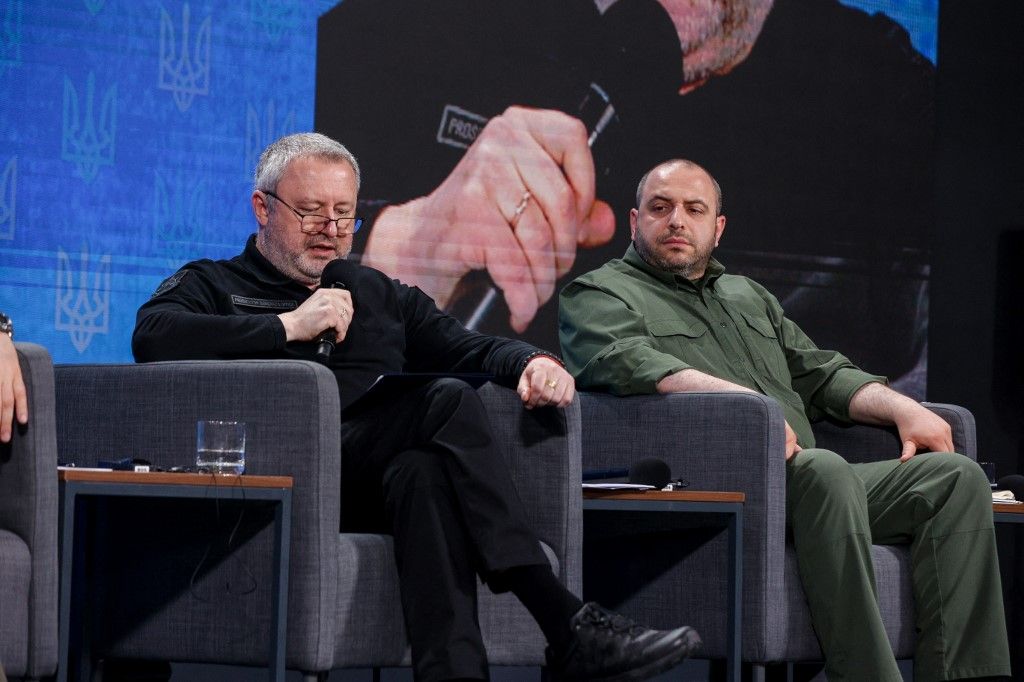 Prosecutor General of Ukraine Andriy Kostin (L) and Defence Minister Rustem Umerov (R) talk to media in Kyiv, Ukraine, on August 27, 2024. Ukrainian authorities gather media conference amid Russia's attack on Ukraine. (Photo by Sergii Kharchenko/NurPhoto) (Photo by Sergii Kharchenko / NurPhoto via AFP)