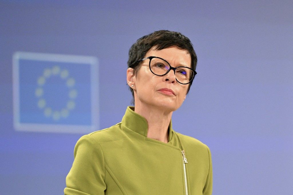 EU Commissioner for Enlargement Marta Kos looks on during a press conference about the Black Sea Strategy and Simplification of the External Action Guarantee at the EU headquarters in Brussels, on May 28, 2025. (Photo by Nicolas TUCAT / AFP)