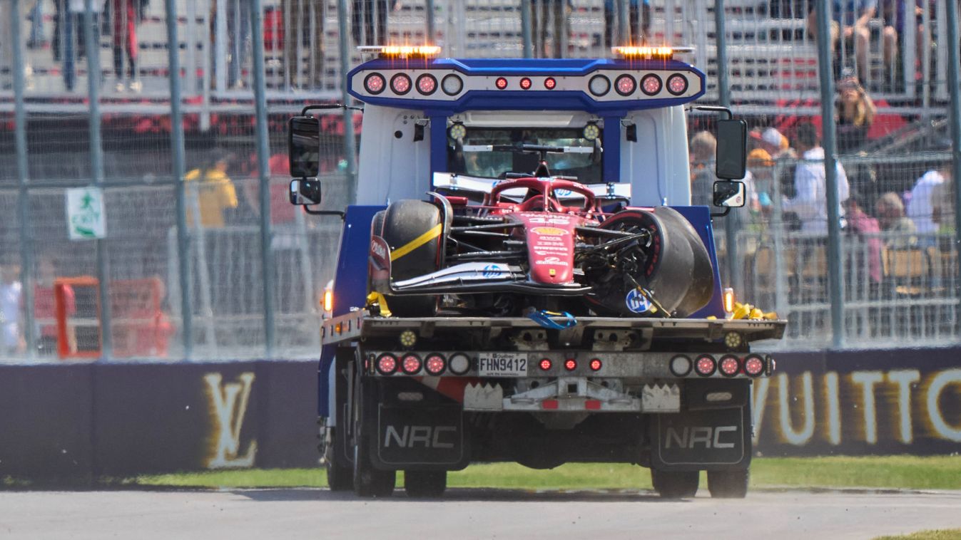 Forma-1 Ferrari's Monegasque driver Charles Leclerc's car is taken to the pits after he crashed during the first practice session for the 2025 Formula 1 Grand Prix du Canada at Circuit Gilles-Villeneuve in Montreal, Canada, on June 13, 2025. (Photo by Geo