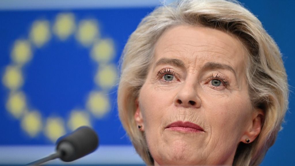 BRUSSELS, BELGIUM - JUNE 26: EU Commission President Ursula von der Leyen, President of the European Council Antonio Costa (not seen), Prime Minister of Poland Donald Tusk (not seen) hold a joint press conference after EU Leaders' Summit in Brussels, Belgium on June 26, 2025. Dursun Aydemir / Anadolu (Photo by Dursun Aydemir / Anadolu via AFP)