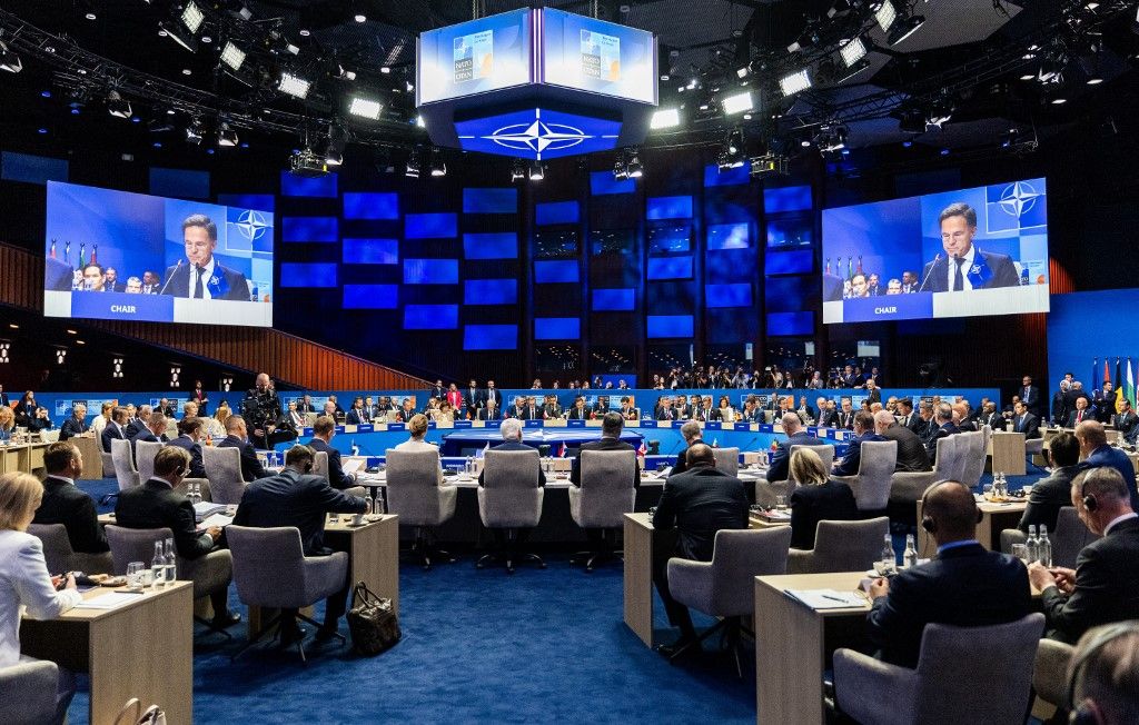 THE HAGUE - Overview prior to the NATO Summit meeting at the World Forum. The Netherlands, for the first time in NATO's history of existence, is hosting a NATO summit. ANP SEM VAN DER WAL netherlands out - belgium out (Photo by Sem van der Wal / ANP MAG / ANP via AFP)