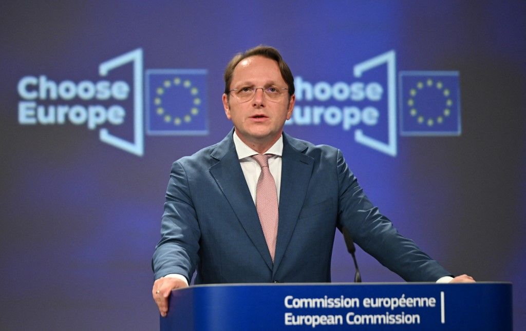 BRUSSELS, BELGIUM - JULY 2: EU Commissioners Oliver Varhelyi and Ekaterina Zaharieva (not seen) attend a press conference on the Life Science Strategy in Brussels, Belgium on July 2, 2025. Dursun Aydemir / Anadolu (Photo by Dursun Aydemir / Anadolu via AFP)