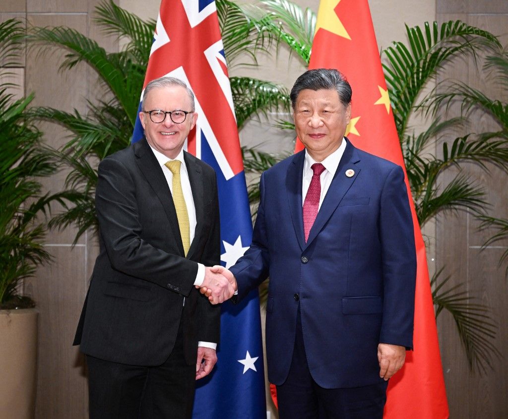 (241118) -- RIO DE JANEIRO, Nov. 18, 2024 (Xinhua) -- Chinese President Xi Jinping meets with Australian Prime Minister Anthony Albanese on the sidelines of the 19th G20 Summit in Rio de Janeiro, Brazil, Nov. 18, 2024. (Xinhua/Zhang Ling) (Photo by Zhang Ling / Xinhua via AFP)
