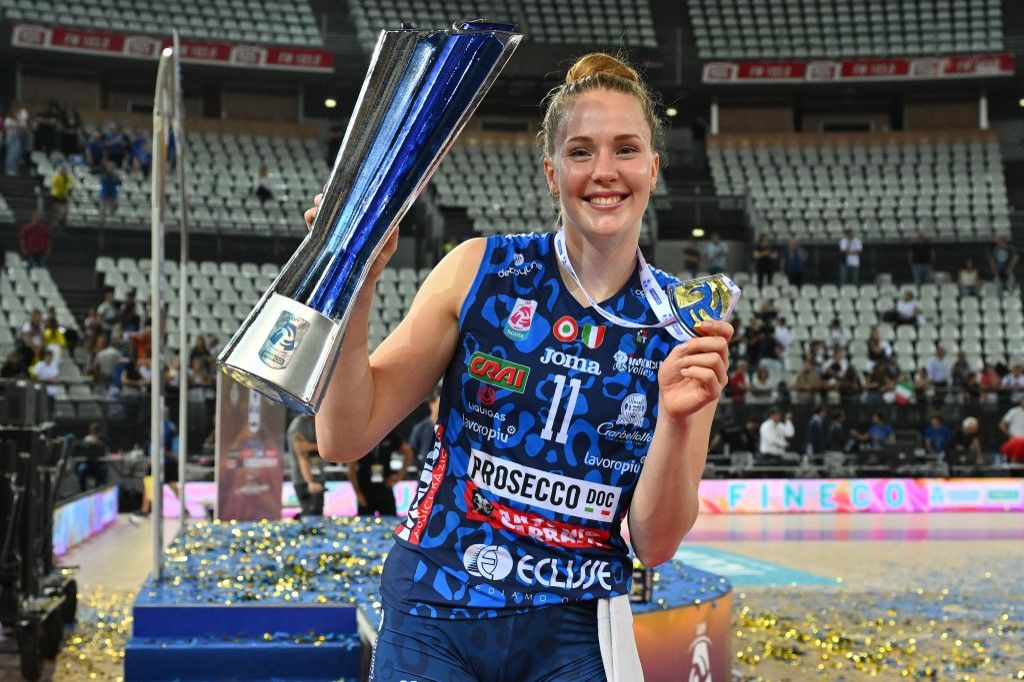 Isabelle Haak of Prosecco Doc Imoco Conegliano during the Supercoppa Fineco Lega Volley Femminile between Prosecco Doc Imoco Conegliano and Vero Volley Milano at Palazzo dello Sport in Rome, Italy, on September 28, 2024. (Photo by Domenico Cippitelli/NurPhoto) (Photo by Domenico Cippitelli / NurPhoto via AFP)
