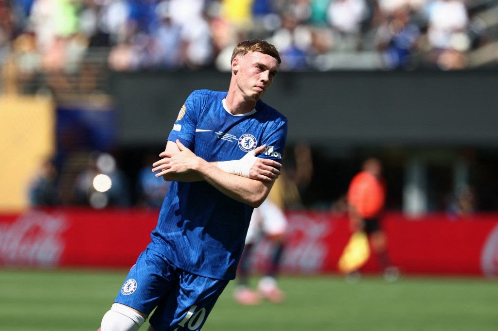 Chelsea's English midfielder #10 Cole Palmer celebrates scoring his team's first goal during the FIFA Club World Cup 2025 final football match between England's Chelsea and France's Paris Saint-Germain at the MetLife Stadium in East Rutherford, New Jersey on July 13, 2025. (Photo by FRANCK FIFE / AFP)