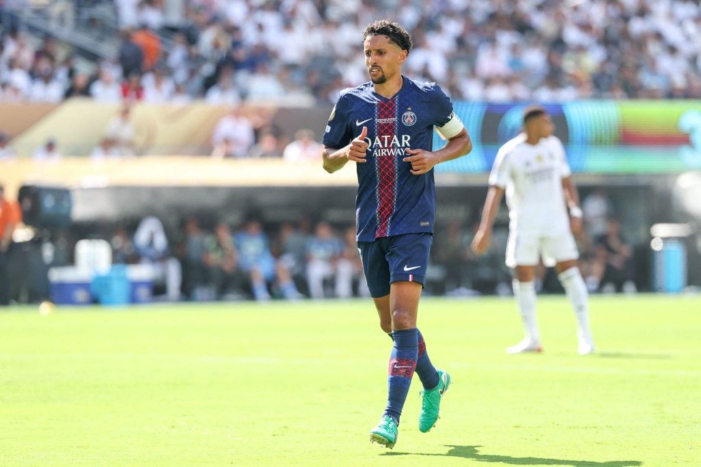Marquinhos of Paris St. German during a match against Real Madrid in a game valid for the semi-finals of the FIFA Club World Cup 2025 at Metlife Stadium in East Hartford in the United States on Wednesday, July 9. (Photo by William Volcov / Brazil Photo Press via AFP)