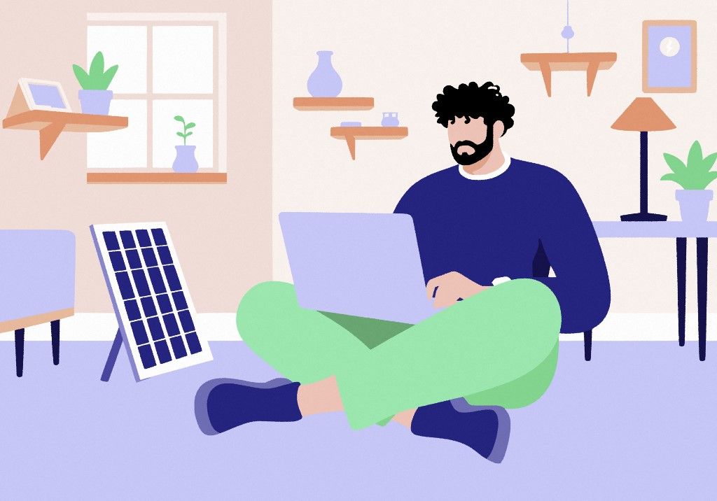 Illustration of a man working on a laptop at home with solar panel and stylish decor. (Photo by Amr Bo Shanab / Connect Images via AFP)